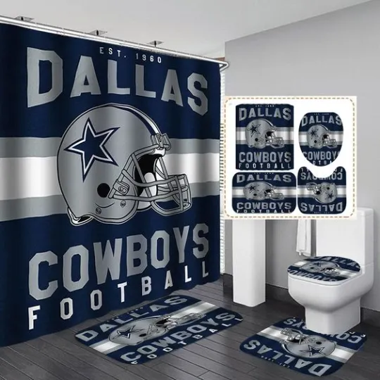 Discover 4PCS White Navy Blue American Football Shower Curtain Set