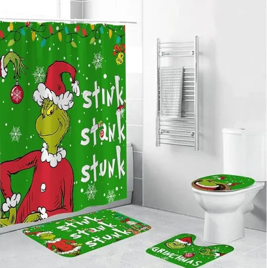 Discover 4 Pcs Christmas Bathroom Set, Christmas Shower Curtain with Non-Slip Rugs, Toile