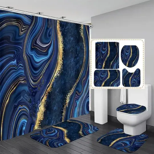 Discover 4 Pcs Shower Curtain Sets with Rugs Gold Bathroom Sets with Shower Curtain