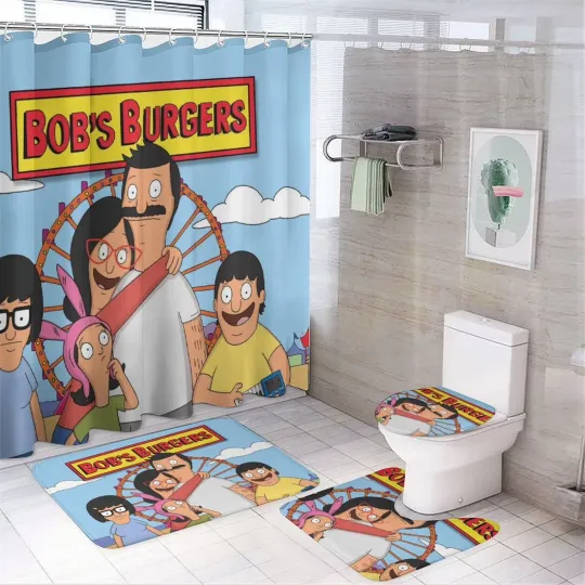 Discover 4 Piece Bob's Burgers Shower Curtain Set with Non-Slip Rug, Toilet Lid Cover