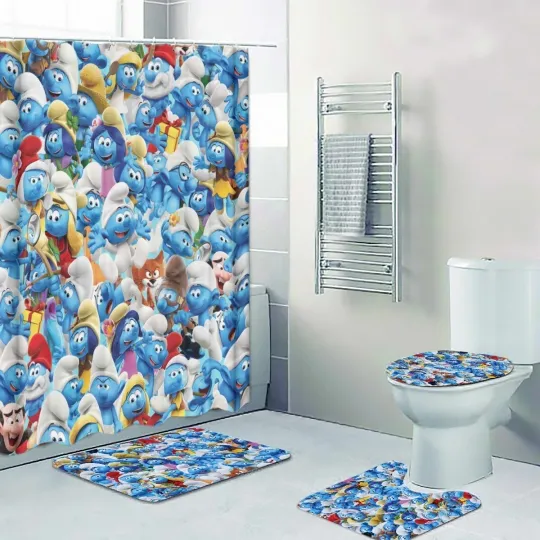 The Smuurfs Cartoon Movie Print Shower Curtain Bath Mat Toilet Lid Cover Mat