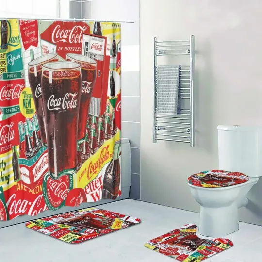 Discover Cola Mighty Refreshing Print Shower Curtain Bath Mat Toilet Lid Cover Mat
