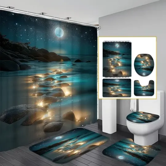 Discover Night Beach Scene Bathroom Set, Fantasy Sky Starry Beach Scene Shower Curtain