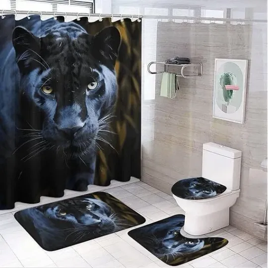 Discover Black Panther Bathroom Set - Shower Curtain, Bath Mat, Toilet Cover