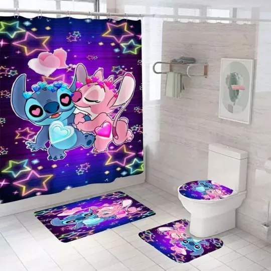 Stitch For Couple Shower Curtain Set Bathroom Set For Bathroom Decor Best Gift F