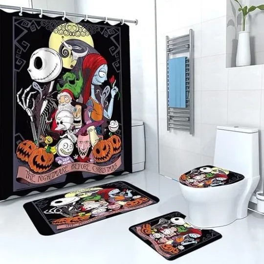 4Pcs Christmas Shower Curtain Sets Kids Bathroom Halloween Christmas Decor
