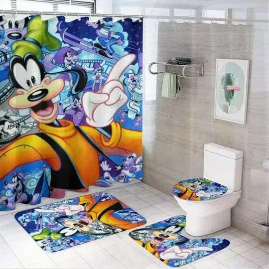 Discover 4 Pcs Cartoon Goofy Shower Curtain Sets with Non-Slip Rugs, Toilet Lid Cover And