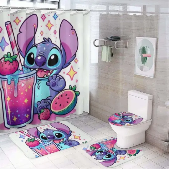 Discover Stitch Bathroom Set - 4PCS Shower Curtain & Rugs for Kids & Fans