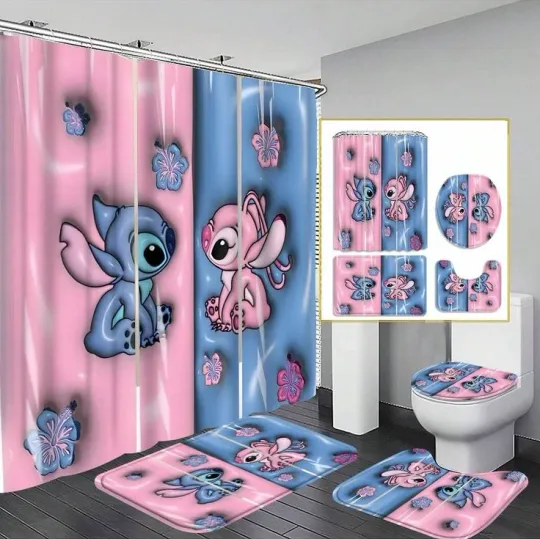 Discover 4pcs Bathroom Set Including Stitch & Angel Cartoon Waterproof Fabric Shower Curt