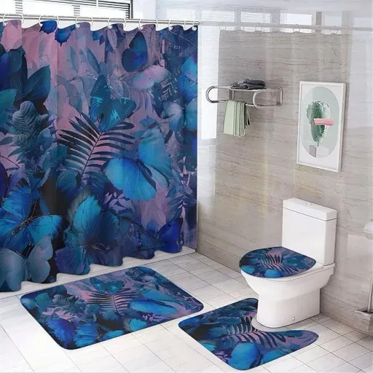 Shower Curtain Set 4 Pcs Dark Blue Butterfly Bathroom Set with Non-Slip Rugs Toi