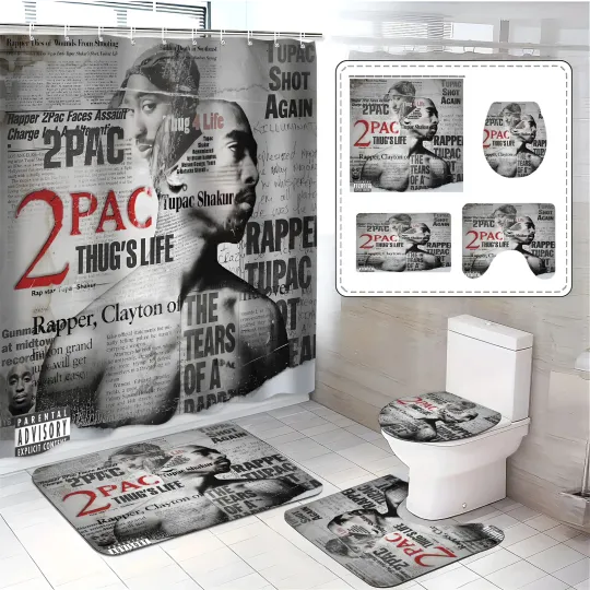 2Pac Thug Life Bathroom Set Black White Shower Curtain Rugs 4pc