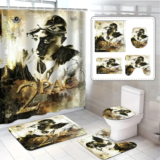 2Pac Bathroom Set Gold White Shower Curtain and Rugs 4pc