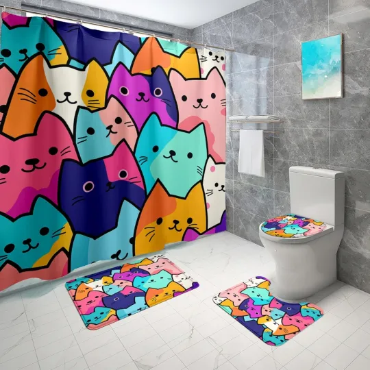 4PCS Cat Shower Curtain Set