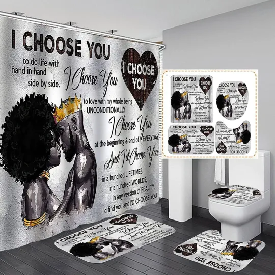Discover 4PCS Black Couples Shower Curtain Set, African American Valentines Bathroom Deco