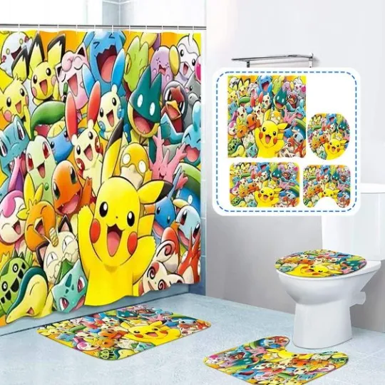 Discover 4 Pcs Poket mons Shower Curtain Sets with Non-Slip Rug