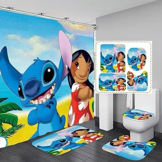 Discover Cartoon Stitch Bathroom 4 Pieces Set Shower Curtain, Toilet Lid Cover and Bath