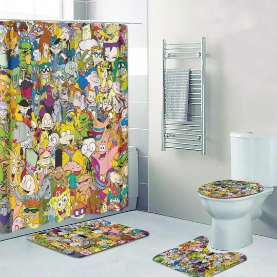 Discover Nick 90s All Characters Print Shower Curtain Bath Mat Toilet Lid Cover Mat