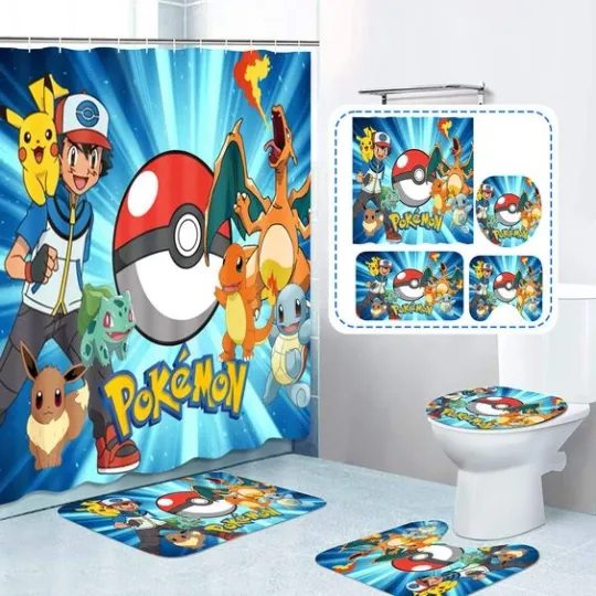 Discover 4 Pcs Cartoon Shower Curtain Sets with Non-Slip Rug,Toilet Lid Cover and Absorbe