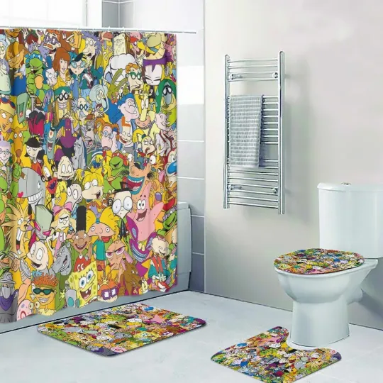 Discover All Characters Print Shower Curtain Bath Mat Toilet Lid Cover Mat