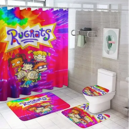 Discover Rugrats Shower Curtain Set with Non-Slip Rug, Toilet Lid Cover, Bath Mat and 12