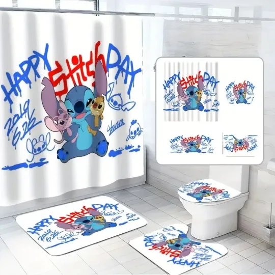 Discover Graffiti Stitch and Plush Toy Pattern Printed Shower Curtain Set, Suitabl