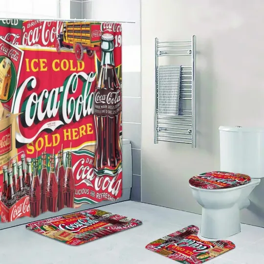 Discover Cola Vintage Classic Print Shower Curtain Bath Mat Toilet Lid Cover Mat
