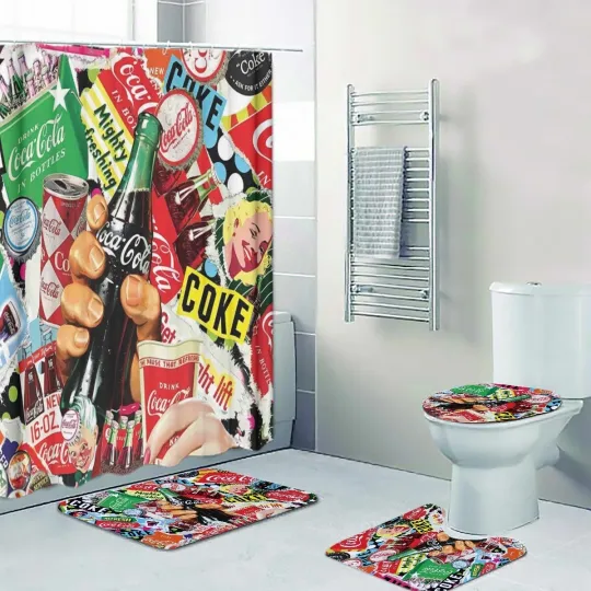 Coca-Cola Collage Vintage Print Shower Curtain Bath Mat Toilet Lid Cover Mat