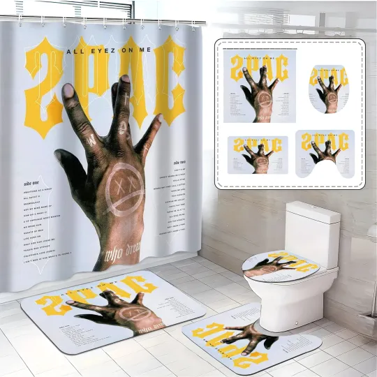 Discover 2Pac All Eyez On Me Bathroom Set White Gold Shower Curtain Rugs 4pc