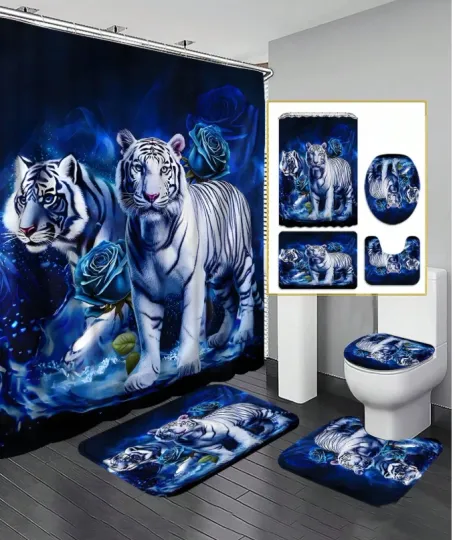 Discover 4PCS Rose Tiger King Pattern Shower Curtain Set