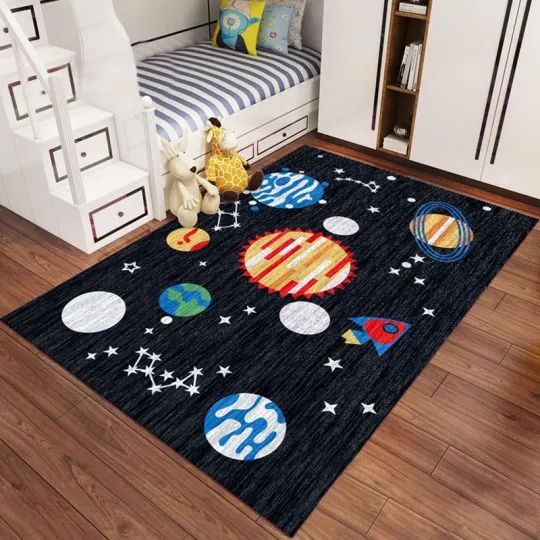 Discover Kids Outer Space Pattern Rug Green and Black Polyester Rug Non