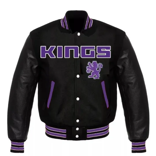 Discover Sacramento Kings Black Body Black Leather Baseball Jacket Varsity Jacket