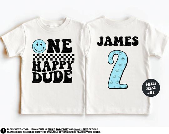 Discover Custom Birthday Boy Shirt One Happy Dude Birthday Sweatshirt Boys Birthday Shirt Retro Groovy Checkered Birthday Party Outfit Birthday Gift