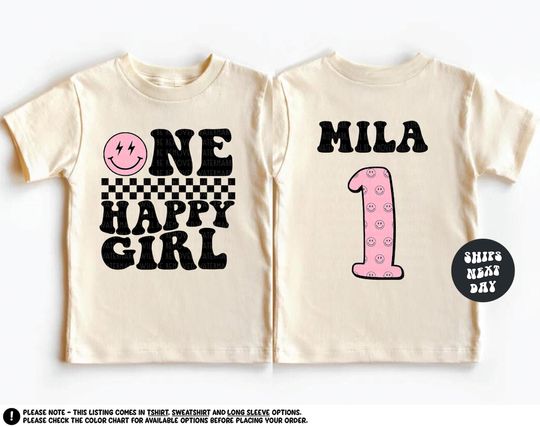 Discover Custom Birthday Girl Shirt One Happy Girl Birthday Sweatshirt Girl Birthday Shirt Retro Groovy Checkered Birthday Party Outfit Birthday Gift