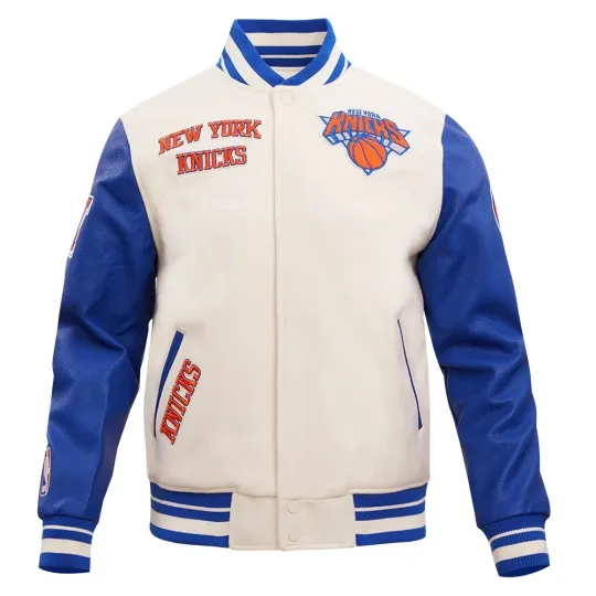New York Knickss White Body Royal Blue Baseball Jacket (Not Satin, Not Leather)