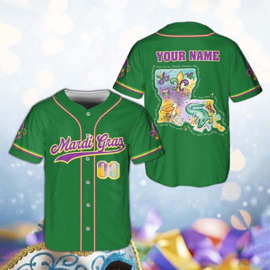 Discover Custom Louisiana Map Baseball Jersey, Personalized King Cake Crawfish Shirt, NOLA Mardi Gras Outfit, Fat Tuesday Gift, Krewe Team Matching
