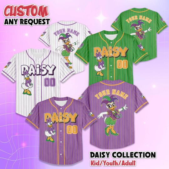 Discover Personalized Daisy Duck Mardi Gras Baseball Jersey, Custom Mickey and Friends Jersey, Carnival Baseball Jersey