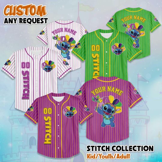 Discover Personalized Stitch Mardi Gras Baseball Jersey, Custom Disney Lilo & Stitch Carnival Jersey, Mardi Gras Gift