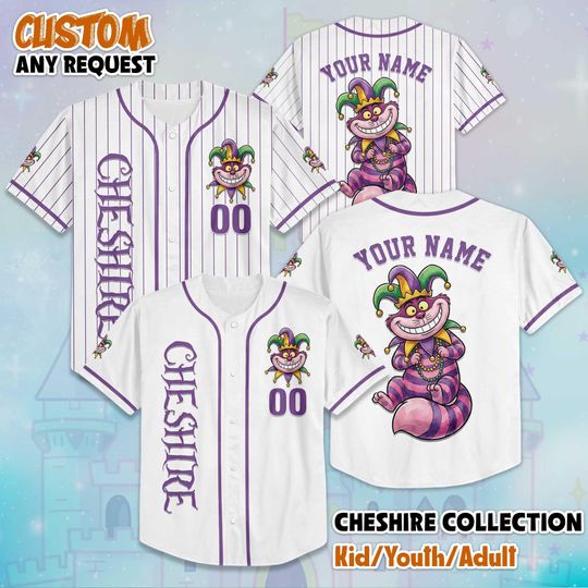 Custom The Cheshire Cat Mardi Gras Baseball Jersey, Custom Disney Matching Jersey Shirt, Alice In Wonderland Jersey, Family Vacation Outfit