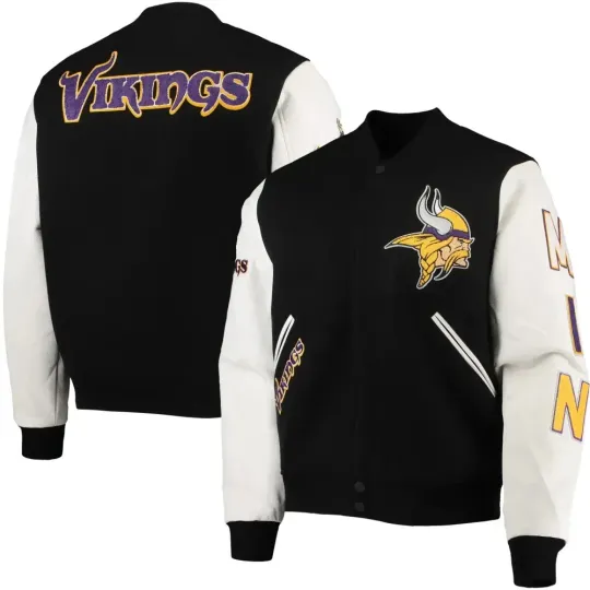 Discover Men’s Minnesota Vikingss Varsity Jacket Black White  (Not Satin, Not Leather)
