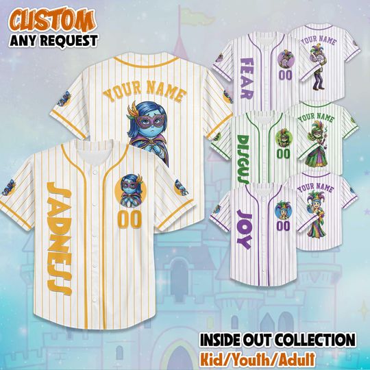 Discover Custom Inside Out Characters Mardi Gras Baseball Jersey, Disney Inside Out Jersey, Matching Disney Trip Outfit, Disneyland Birthday Gift