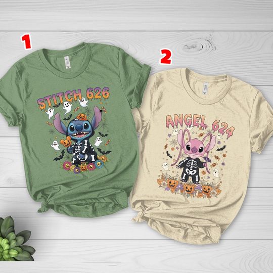 Discover Stitch Angel Skeleton Halloween Couple Shirt, Stitch Halloween Costume, Disneyland Couple Halloween Shirt, Matching Family Halloween NGTE24