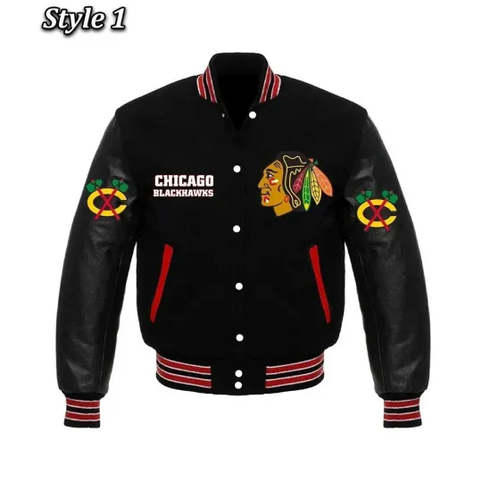 Discover Chicago Blackhawks Men’s Black&White Varsity Jacket NHL Hockey Team Logo Bomber
