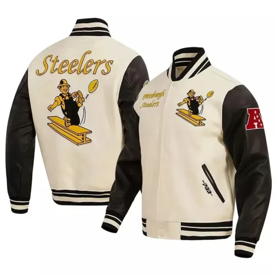Discover Pittsburgh Steele's Retro Letterman Classic White & Black Vintage Bomber Varsity