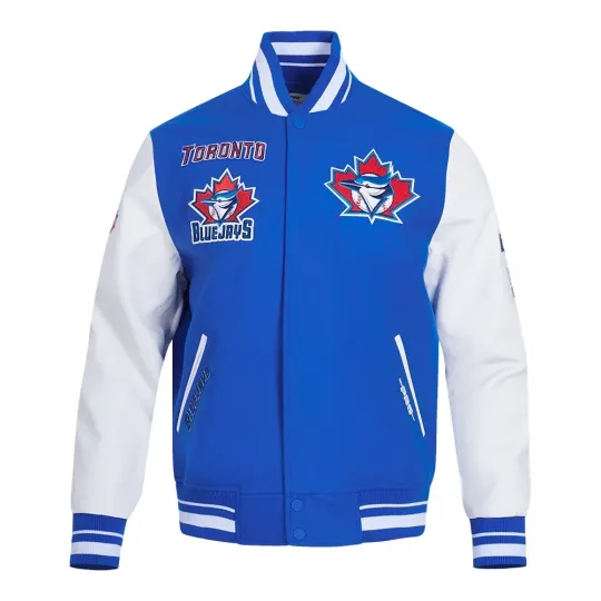 Discover Toronto Blue Jays Varsity Jacket Blue & White Full Snap Wool Leather Bomber Coat