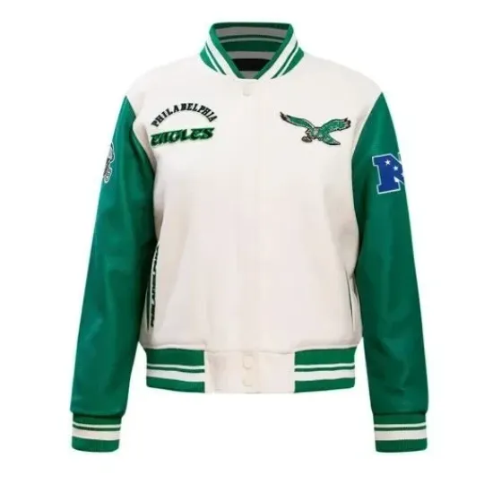 Discover Philadelphia Eagles Mary Kate Morrissey Varsity Jacket Green&White Wool Leather