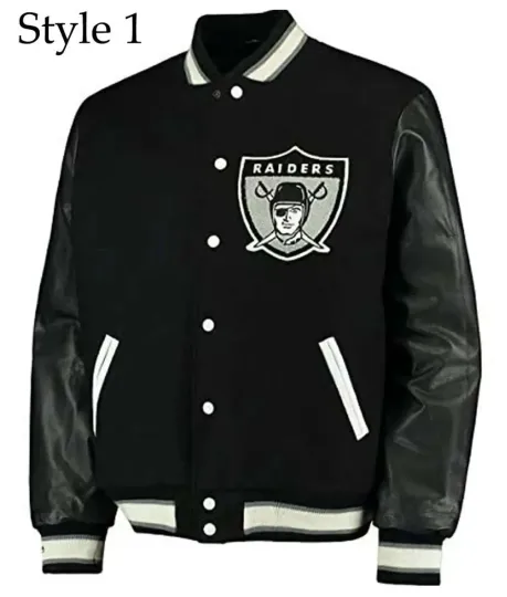 Discover Oakland Raiders football Letterman Varsity Jacket Men’s Black Wool & Leather Bomber