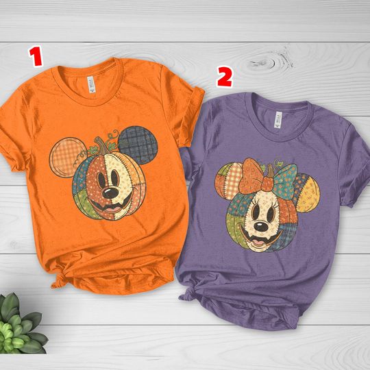 Discover Mickey Couple Pumpkin Halloween Patchwork Shirt,Disney Fall Tee, Mickey And Minnie Silhouette Shirt, Rustic Autumn Pumpkin Face Shirt G5NM19