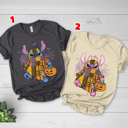 Discover Disney Stitch and Angel Patchwork Halloween T-Shirt, Lilo and Stitch Halloween Shirt, Disneyland Couple Matching Shirt, Stitch Shirt C1JK08