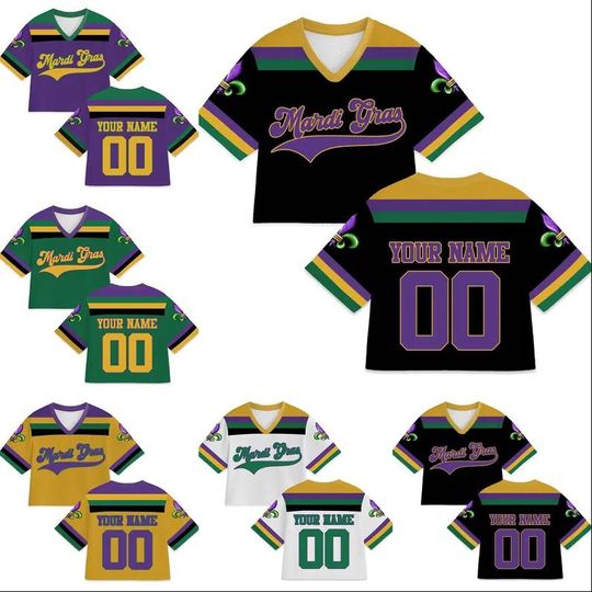 Discover Personalized Mardi Gras Crop Top Football Jersey, Custom Name Mardi Gras Football Jersey, Jersey Uniform For Football Fans Mardi Gras Outfit