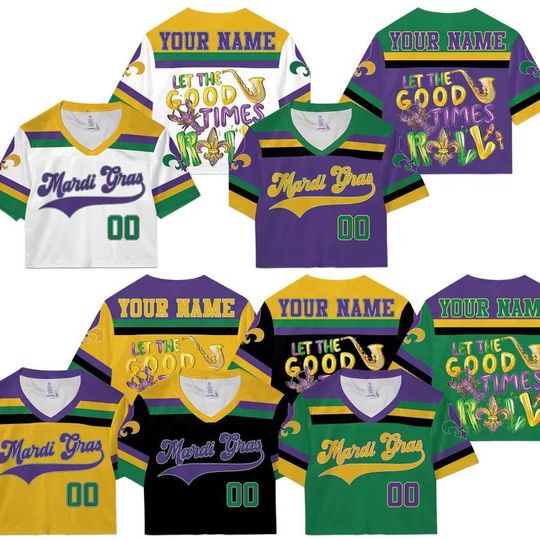 Personalized Mardi Gras Crop Top Football Jersey, Custom Name Mardi Gras Football Jersey, Jersey Uniform For Football Fans Mardi Gras Outfit